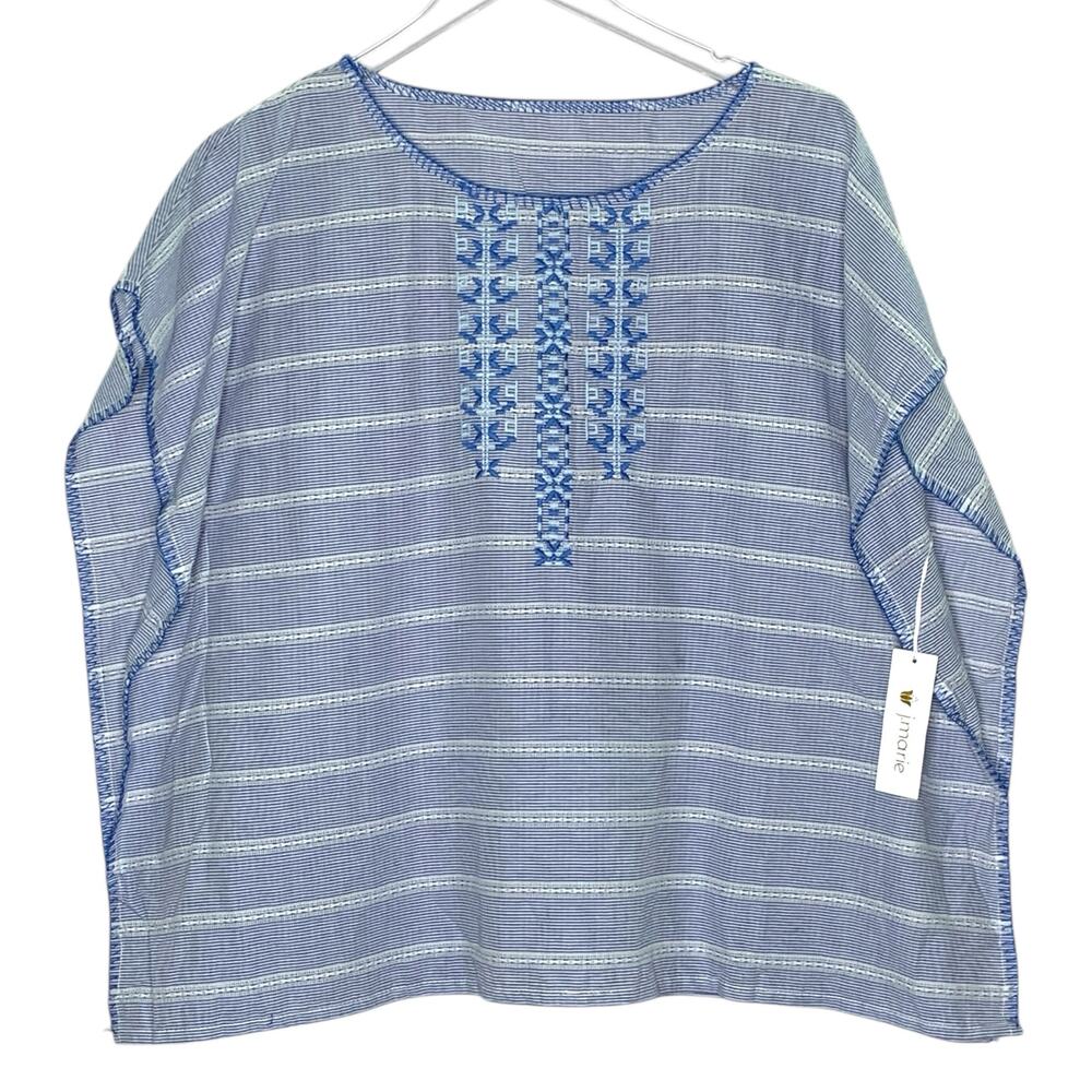 J Marie OS NEW The Angela Poncho Blue Striped Embroidery Flowy Tunic Style Top